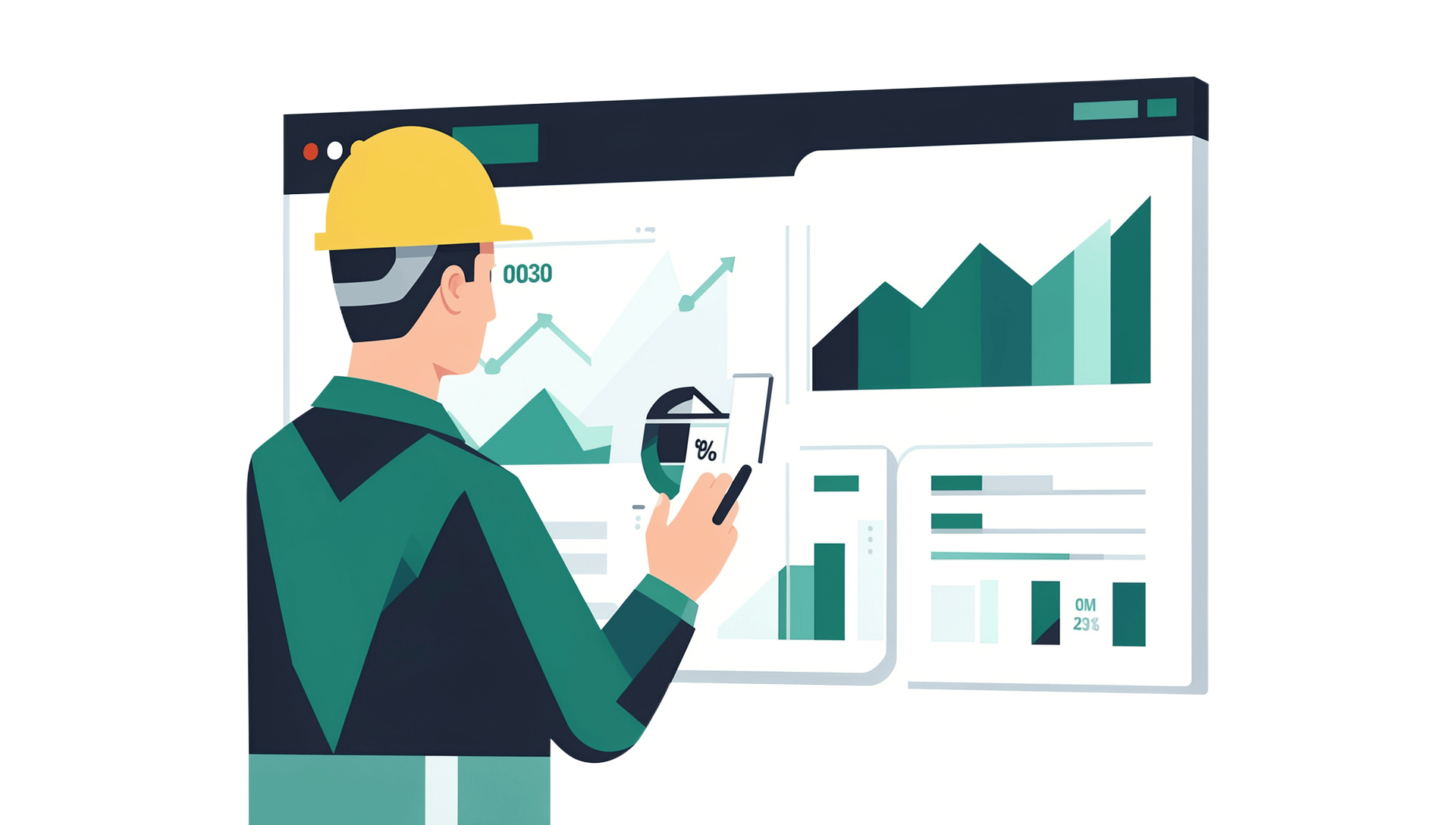 Ilustración moderna de ingeniero analizando datos de producción